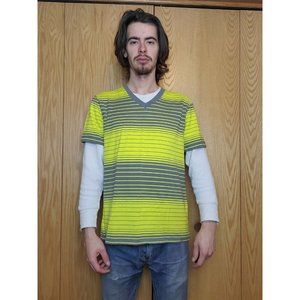 Mambo Australia V Neck Striped Shirt Yellow Grey 100 Cotton NWT Men's Size Large